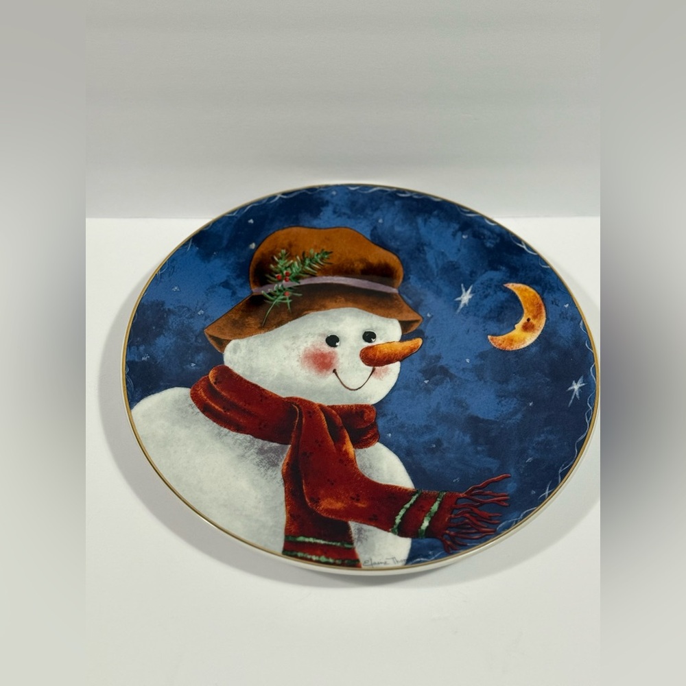 Elaine Thompson 1997 Snowman Brown Hat & Red Scarf 12.5” Serving Platter Vintage